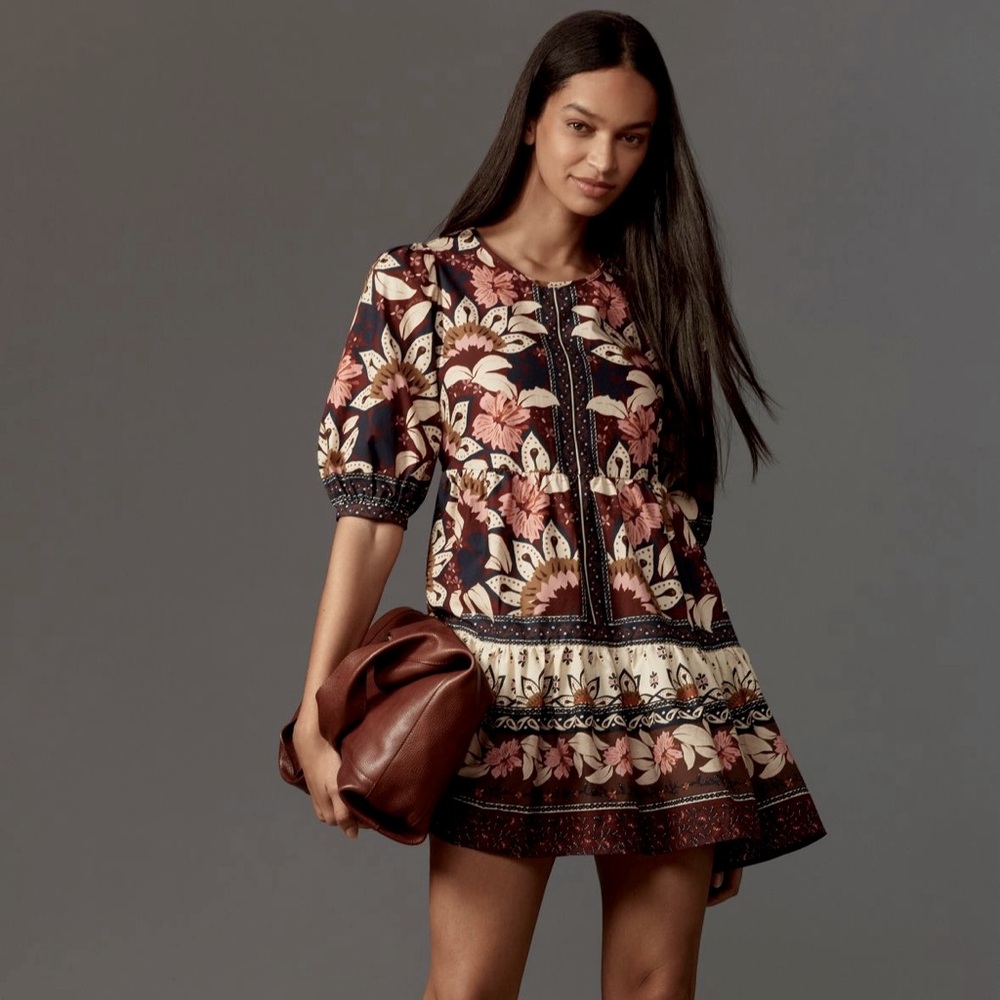 FARM Rio Floral Border-Print Mini Dress in Navy, Pink, Cream & Brown